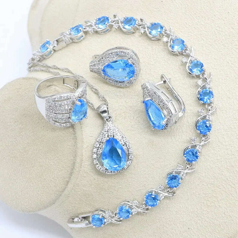 Sky Blue White Topaz 925 Sterling Silver Bridal Jewelry Sets For Women Earrings Necklace Ring Pendant Bracelets - KIMLUD