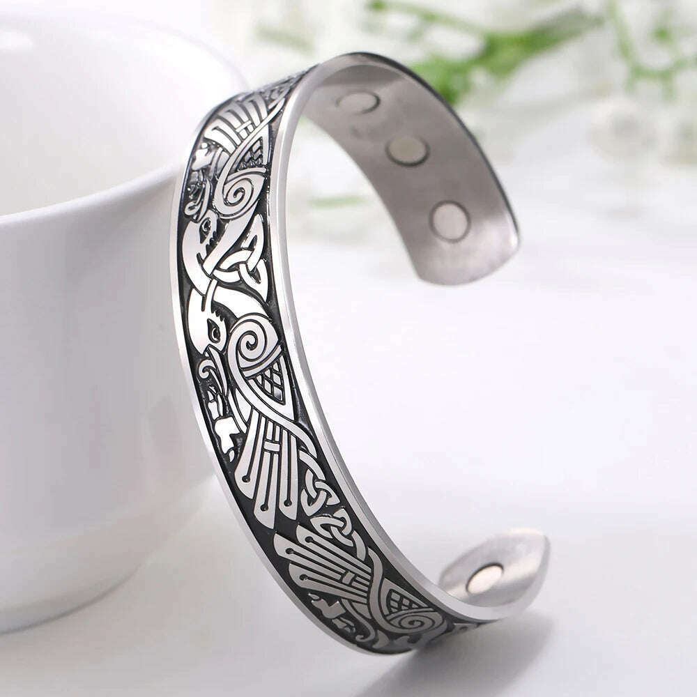 Skyrim Health Magnetic Therapy 316L Stainless Steel Bracelets Phoenix Totem Viking Cuff Bangle Wiccan Amulet Bracelet Women Men - KIMLUD