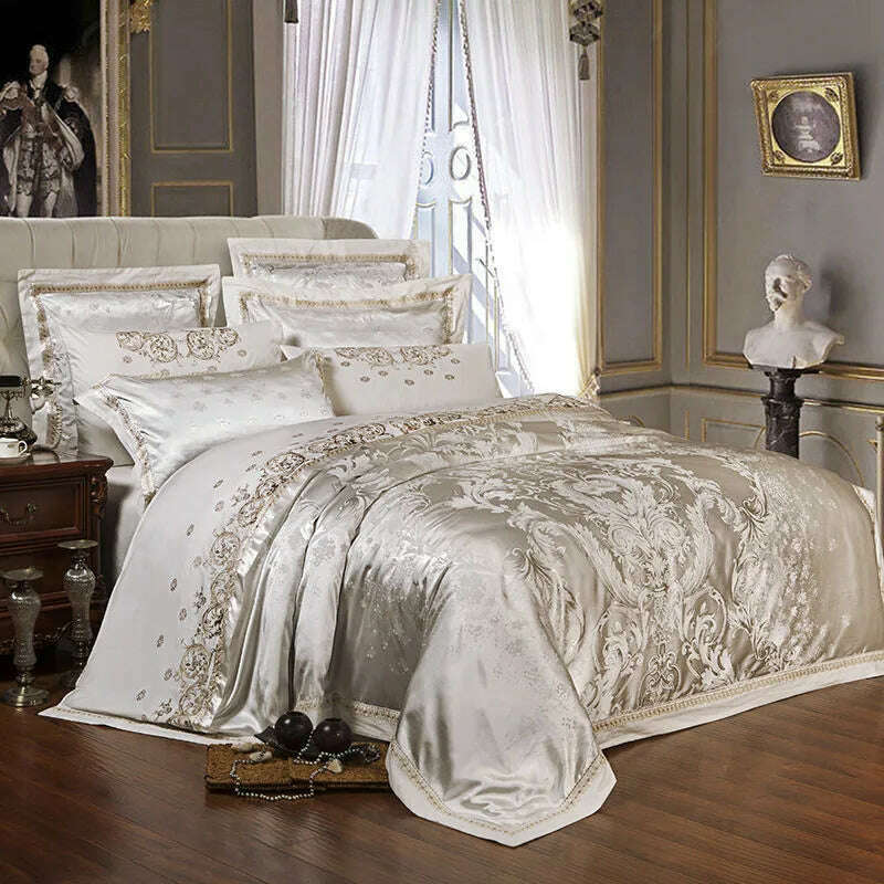 KIMLUD, Sliver Gold Luxury Silk Satin Jacquard duvet cover bedding set queen king size Embroidery bed set bed sheet/Fitted sheet set, KIMLUD Womens Clothes