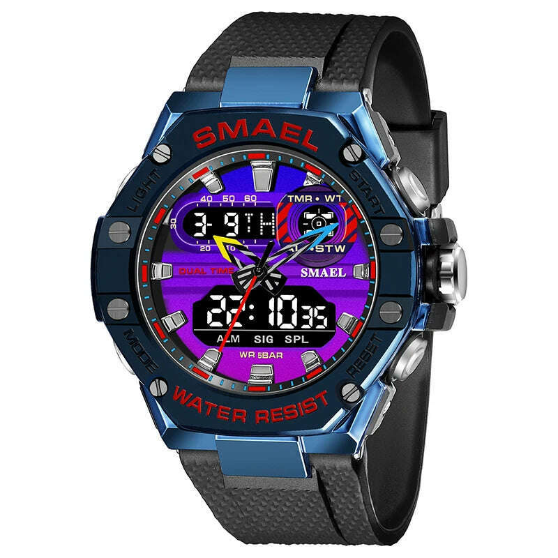 KIMLUD, SMAEL Sport Watch for Man Dual Time Watch for Men Led Light Watch Alarm 8066 Fashion Sport  Watches Military S Shiock Wristwatch, BLUEPURPLE / China, KIMLUD APPAREL - Womens Clothes