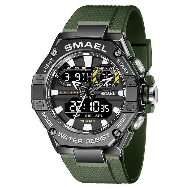 KIMLUD, SMAEL Sport Watch for Man Dual Time Watch for Men Led Light Watch Alarm 8066 Fashion Sport  Watches Military S Shiock Wristwatch, ARMYGREEN / China, KIMLUD APPAREL - Womens Clothes