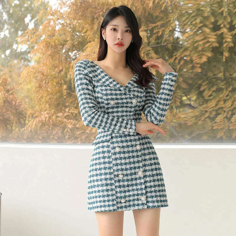 Small Fragrant Style Fashion Double breasted Slim Fit Dress Autumn New Commuting V-neck Waist Closing Thousand Bird Grid Dresses - KIMLUD