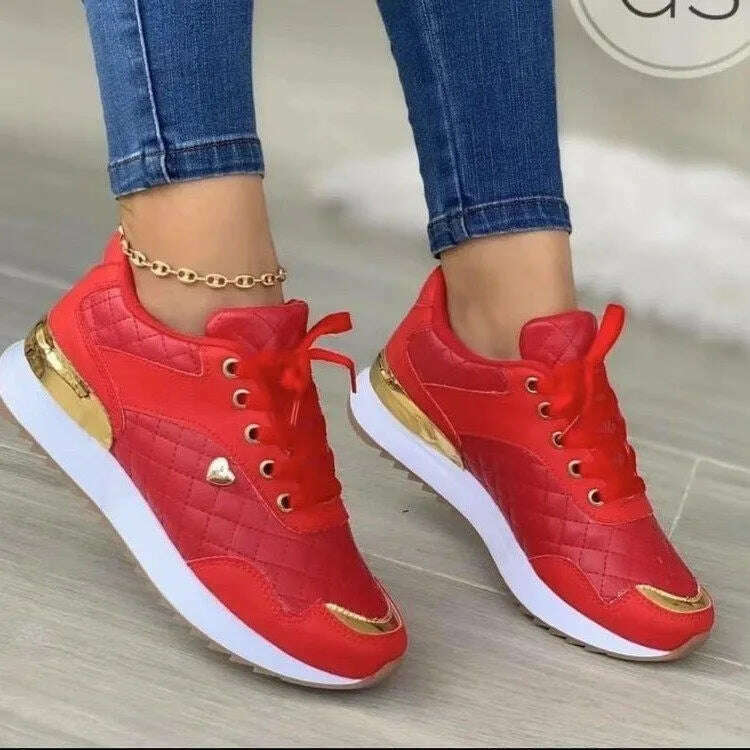 KIMLUD, Sneakers 2023 Trend Fashion Breathable Leather Wedge Vulcanized Shoes Design Casual Walking Comfort Fall Platform Women's Shoes, red 2 / 35, KIMLUD APPAREL - Womens Clothes