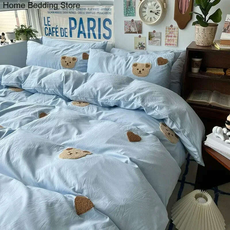 KIMLUD, Solid Blue Bear Bedding Set Duvet Cover Queen Full Twin Size Bed Flat Sheet Kids Girls Room Decor Quilt Cover Pillowcase Kawaii, KIMLUD Womens Clothes