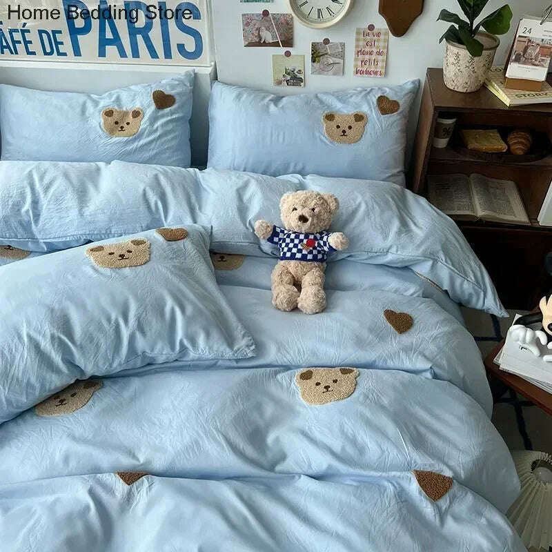 Solid Blue Bear Bedding Set Duvet Cover Queen Full Twin Size Bed Flat Sheet Kids Girls Room Decor Quilt Cover Pillowcase Kawaii - KIMLUD