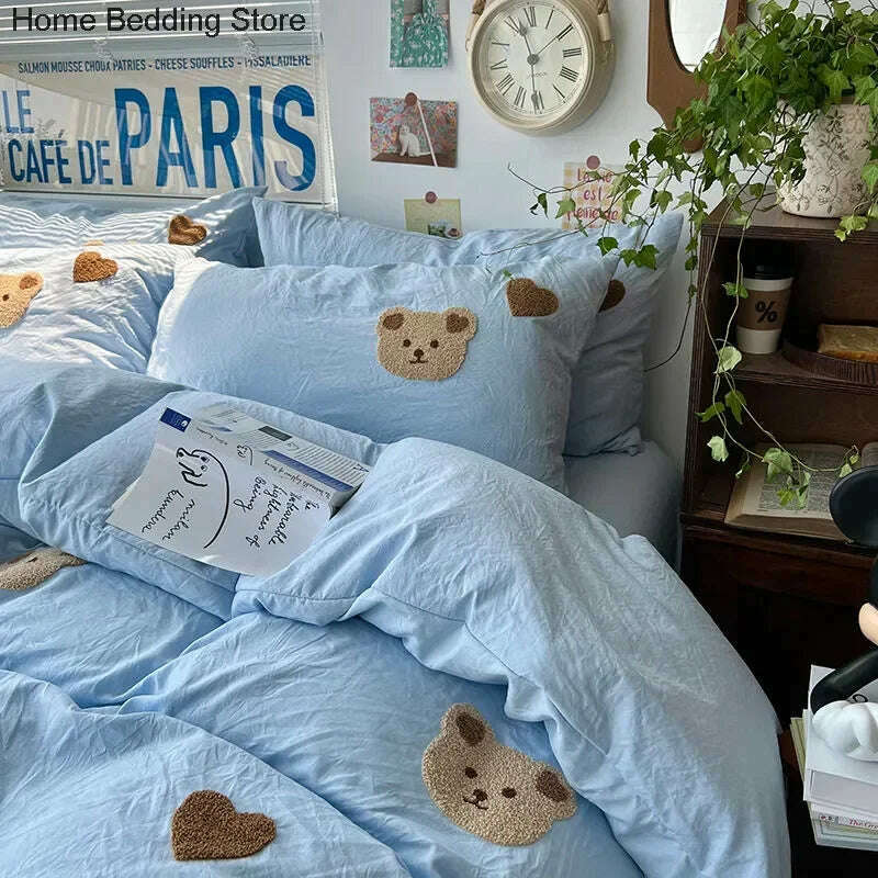 Solid Blue Bear Bedding Set Duvet Cover Queen Full Twin Size Bed Flat Sheet Kids Girls Room Decor Quilt Cover Pillowcase Kawaii - KIMLUD