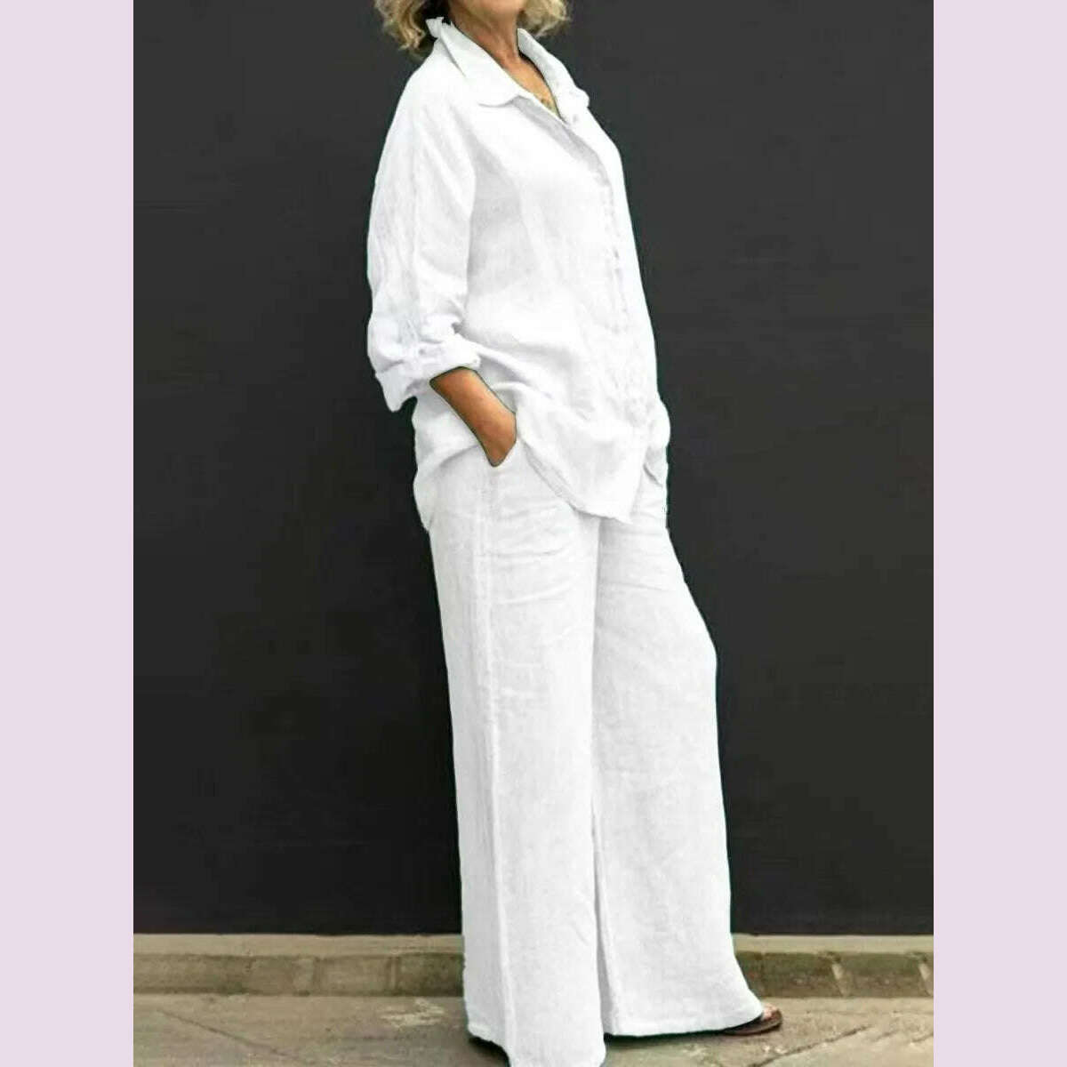 KIMLUD, Solid Color Cotton Linen Shirt 2 Piece Set For Women Spring Autumn Long Sleeve Blouse Wide Leg Pants Suits Female Casual Outfits, WHITE / S, KIMLUD APPAREL - Womens Clothes