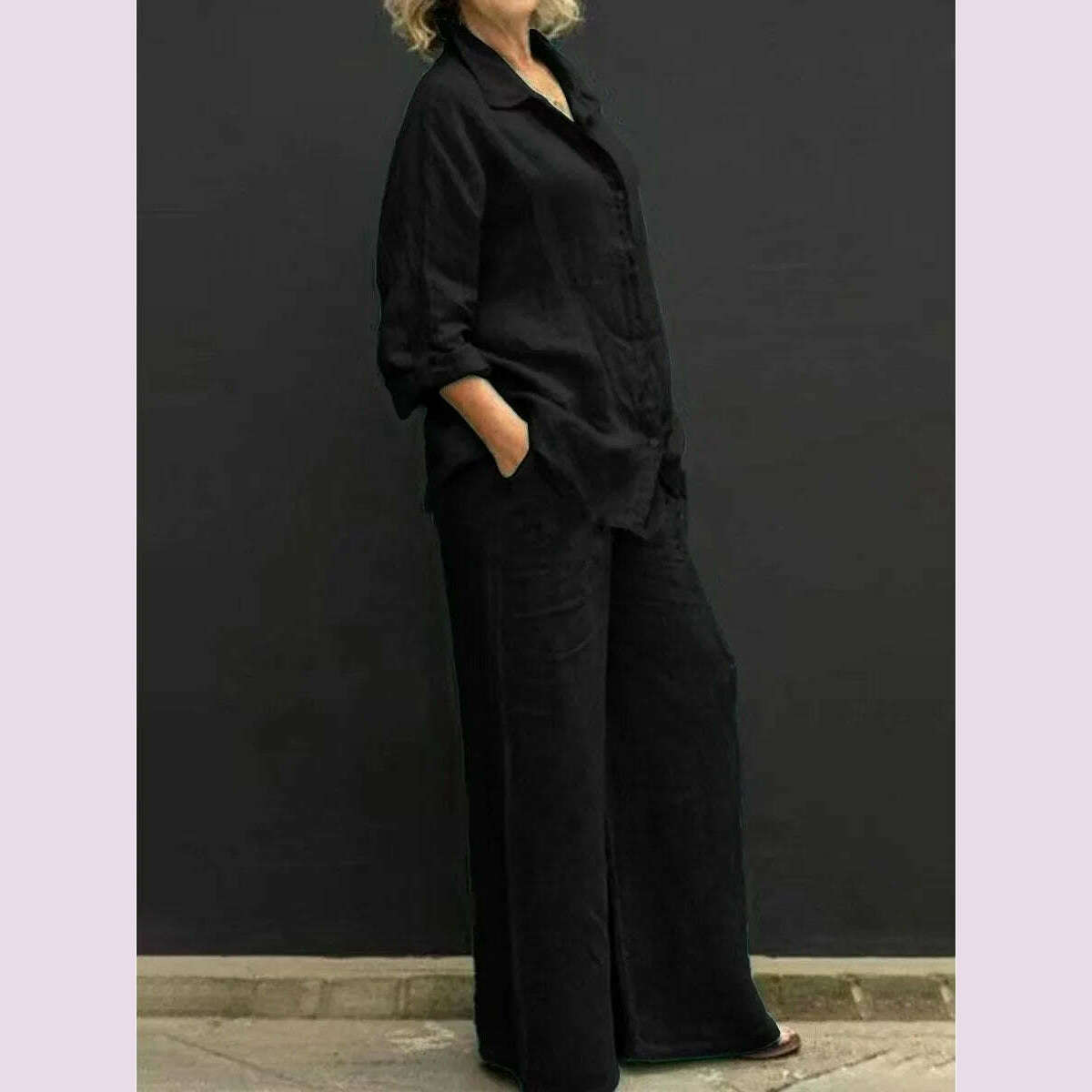 KIMLUD, Solid Color Cotton Linen Shirt 2 Piece Set For Women Spring Autumn Long Sleeve Blouse Wide Leg Pants Suits Female Casual Outfits, black / S, KIMLUD APPAREL - Womens Clothes