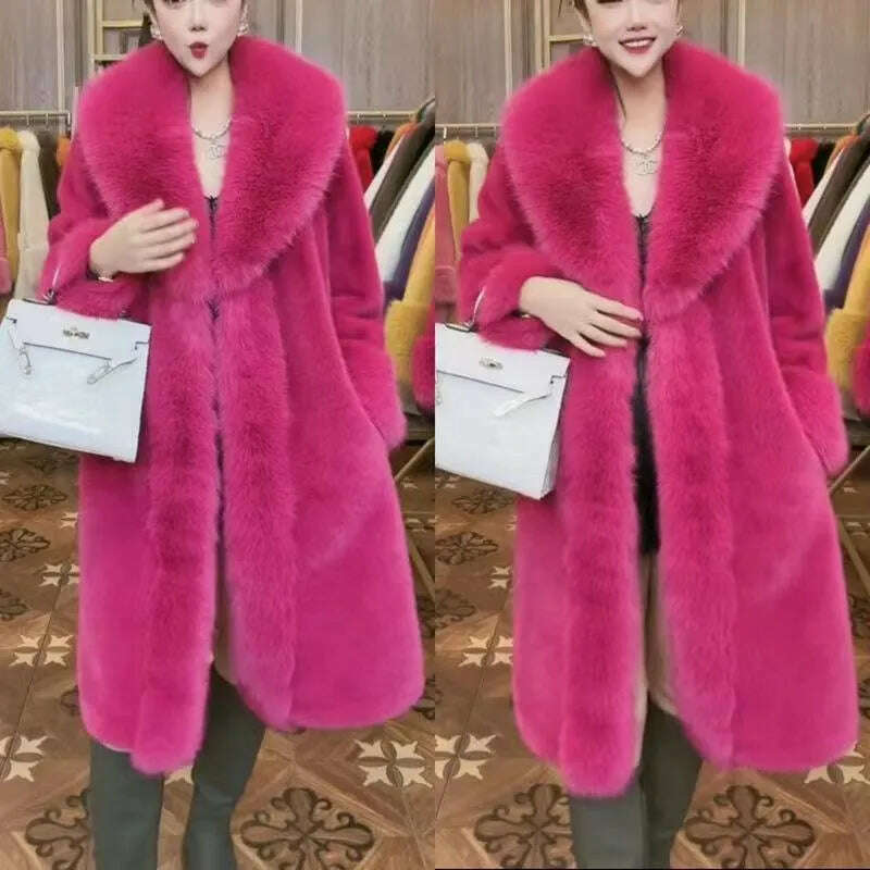 KIMLUD, Solid Color Mid Length Artificial Fur Coat for Women 2023 Winter New Big Fur Collar Long Sleeve Fashion Lace Up Faux Fur Female, Dragon fruit color / S  35-40kg, KIMLUD APPAREL - Womens Clothes