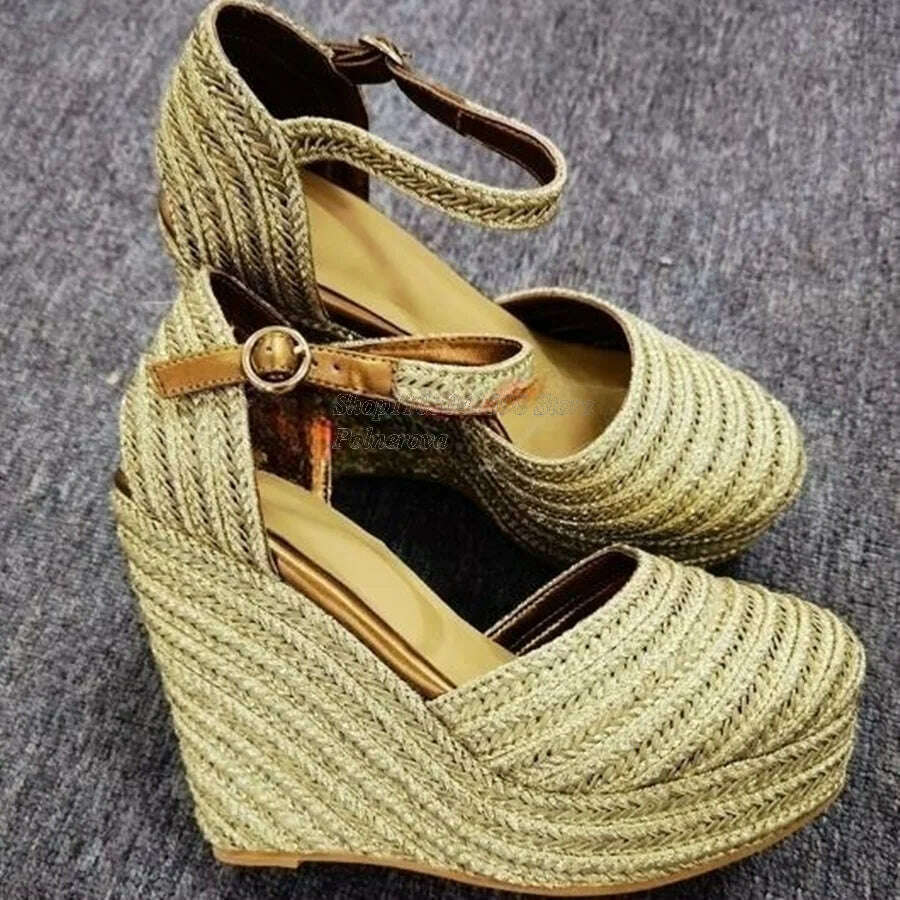 KIMLUD, Solid Color Woven Sandals Thick Bottom Slope Heel High Heel Shoes Women Shoes Casual Buckle Heels 2023 New Zapatos Para Mujere, KIMLUD Womens Clothes