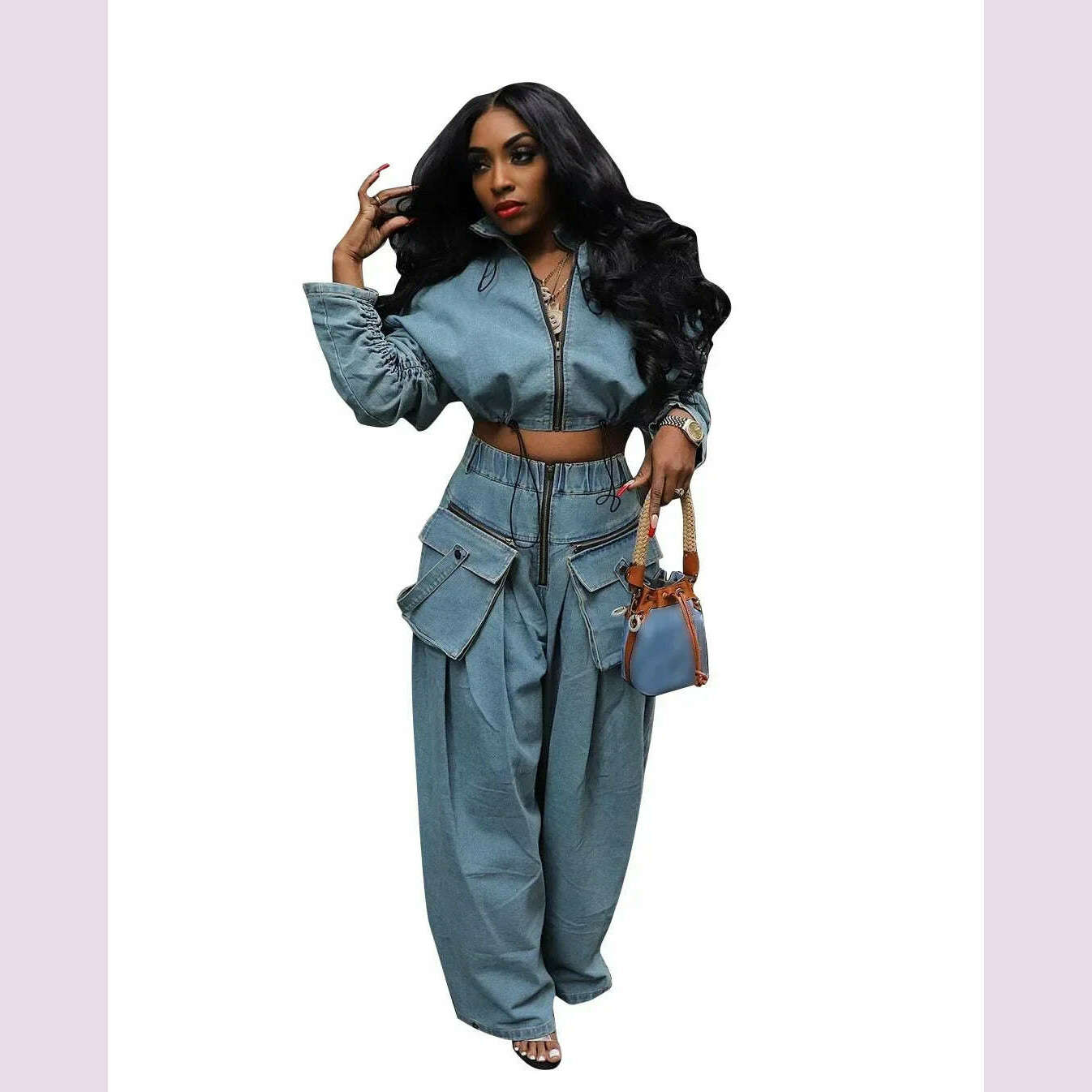 KIMLUD, Solid Loose Casual Denim 2 Piece Set Women Autumn Stand Collar Zipper Jacket High Waist Pocket Wide Leg Pants Hipster Streetwear, Blue / XL, KIMLUD APPAREL - Womens Clothes