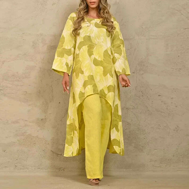 KIMLUD, Solid Loose Suits Casual Women Autumn 2 Piece Sets Fashion Long Sleeve O Neck Irregular Long Tops + Straight Pants Ladies Suit, 02 Yellow Print / S, KIMLUD APPAREL - Womens Clothes