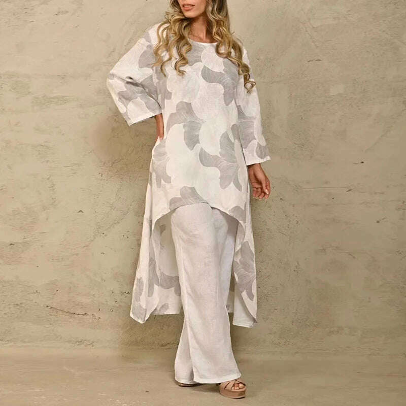 KIMLUD, Solid Loose Suits Casual Women Autumn 2 Piece Sets Fashion Long Sleeve O Neck Irregular Long Tops + Straight Pants Ladies Suit, 03 White Print / S, KIMLUD APPAREL - Womens Clothes