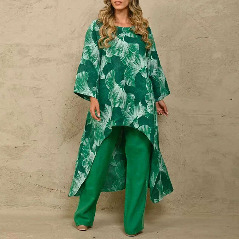 KIMLUD, Solid Loose Suits Casual Women Autumn 2 Piece Sets Fashion Long Sleeve O Neck Irregular Long Tops + Straight Pants Ladies Suit, 08 Dark Green / S, KIMLUD APPAREL - Womens Clothes