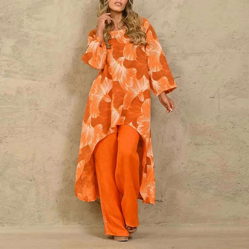 KIMLUD, Solid Loose Suits Casual Women Autumn 2 Piece Sets Fashion Long Sleeve O Neck Irregular Long Tops + Straight Pants Ladies Suit, 01 Orange Print / S, KIMLUD APPAREL - Womens Clothes