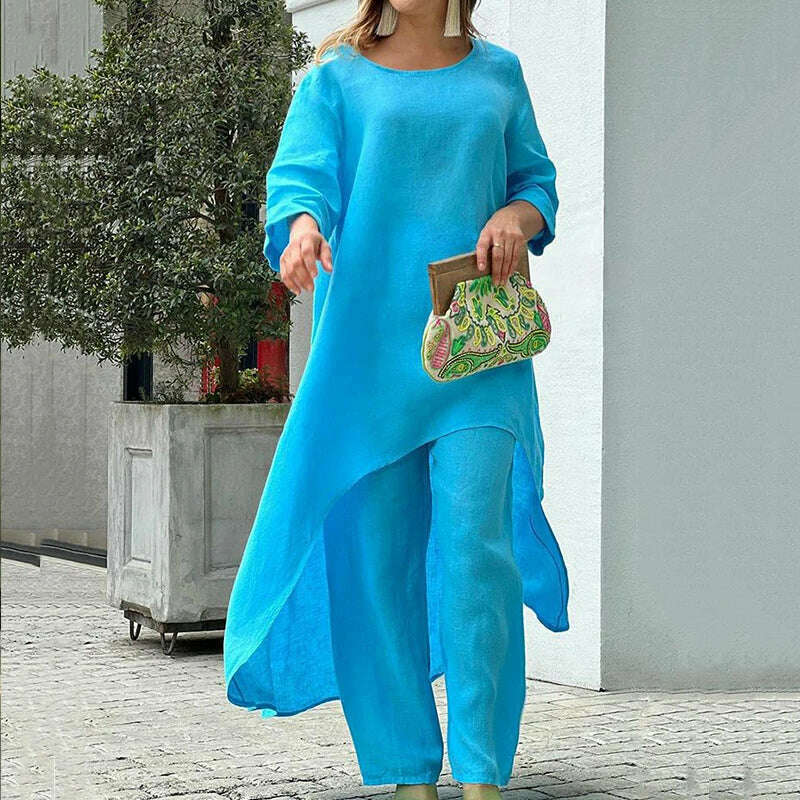 KIMLUD, Solid Loose Suits Casual Women Autumn 2 Piece Sets Fashion Long Sleeve O Neck Irregular Long Tops + Straight Pants Ladies Suit, 01 Blue / S, KIMLUD APPAREL - Womens Clothes