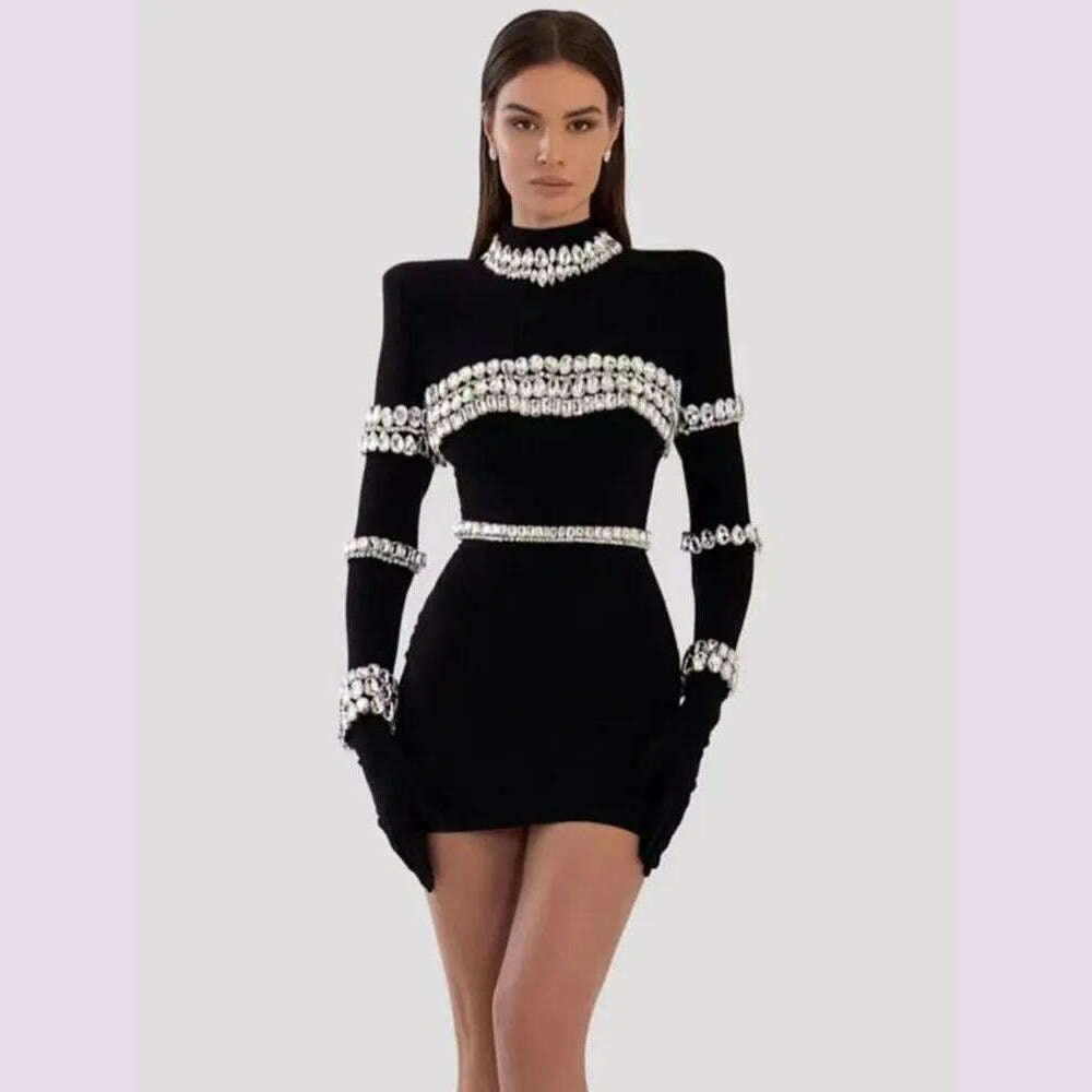 Solid Nude Women Winter Sexy Turtleneck Beading Long Sleeve Black Mini Bandage Dress 2024 Elegant Evening Club Party Dress - KIMLUD