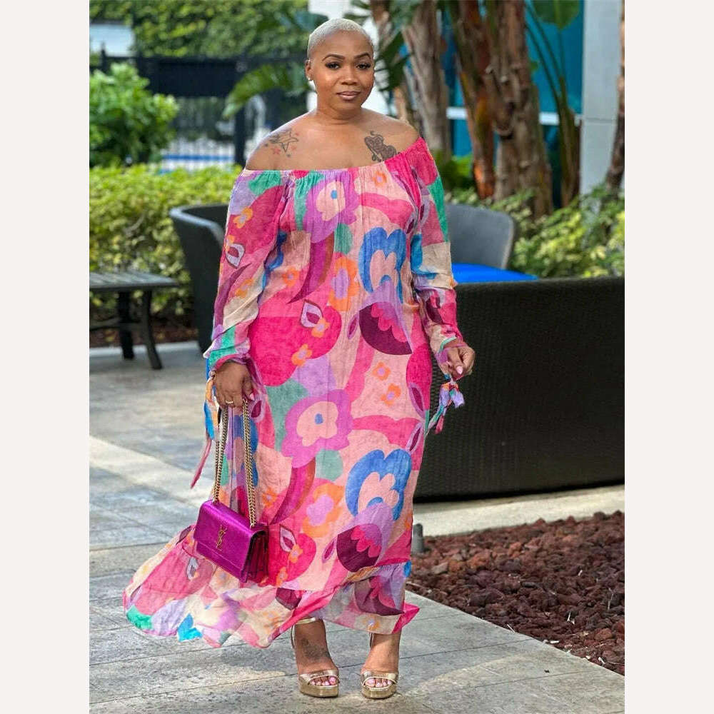 KIMLUD, SOMO Plus Size  Africa Maxi Dress New In Summer Dresses Formal Loose Floral Print ElegantOutfits Wholesale Dropshipping 2023, Fuchsia / 5XL, KIMLUD APPAREL - Womens Clothes