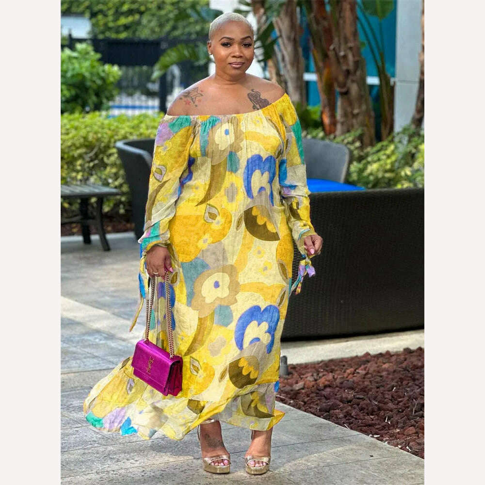 KIMLUD, SOMO Plus Size  Africa Maxi Dress New In Summer Dresses Formal Loose Floral Print ElegantOutfits Wholesale Dropshipping 2023, Yellow / 5XL, KIMLUD APPAREL - Womens Clothes