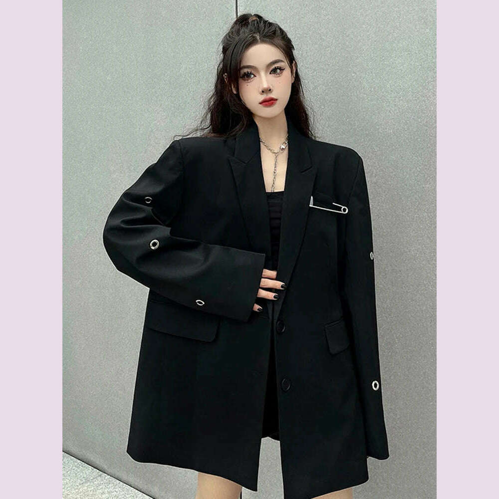 KIMLUD, SONNEESD Streetwear Harajuku Style Fashion Neutral Coat Vintage Personality Pin Design Loose Black Stereo Cutting Suit Coat, KIMLUD Womens Clothes