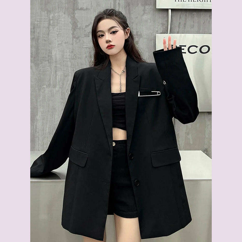 KIMLUD, SONNEESD Streetwear Harajuku Style Fashion Neutral Coat Vintage Personality Pin Design Loose Black Stereo Cutting Suit Coat, KIMLUD Womens Clothes