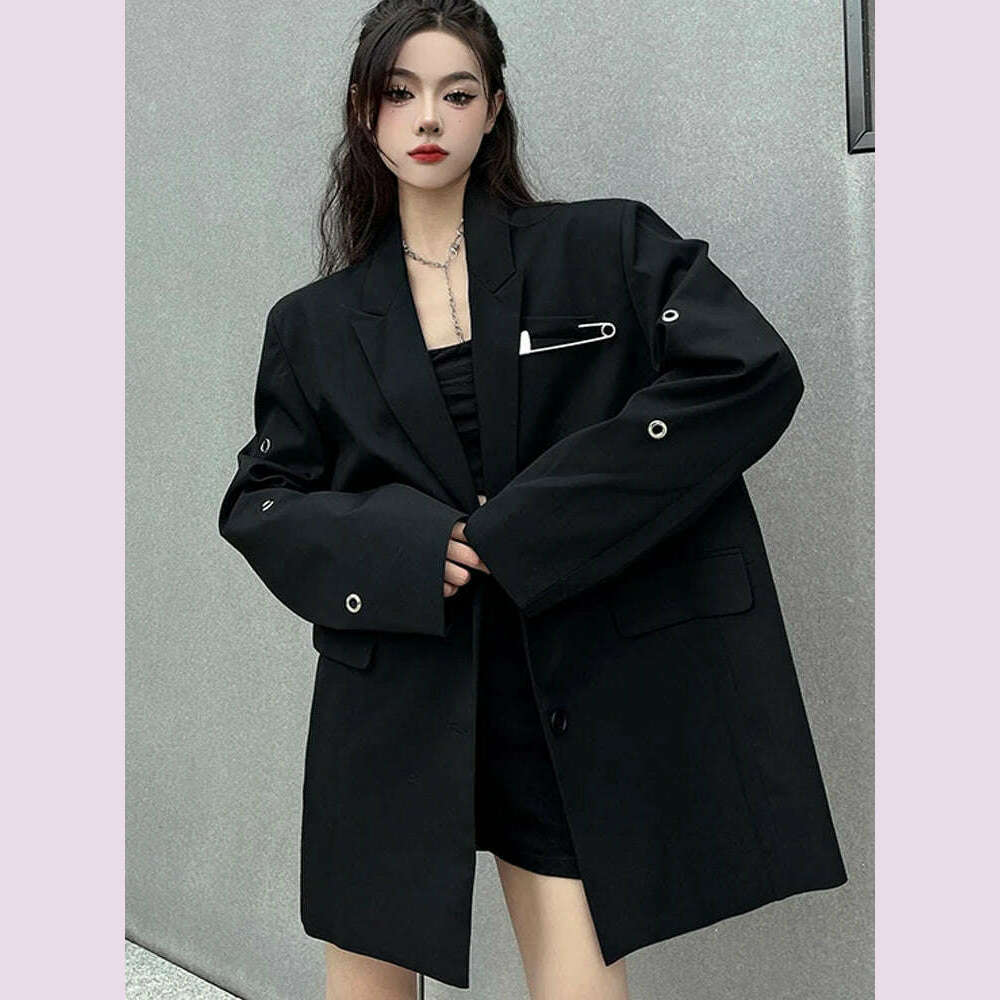 KIMLUD, SONNEESD Streetwear Harajuku Style Fashion Neutral Coat Vintage Personality Pin Design Loose Black Stereo Cutting Suit Coat, KIMLUD Womens Clothes