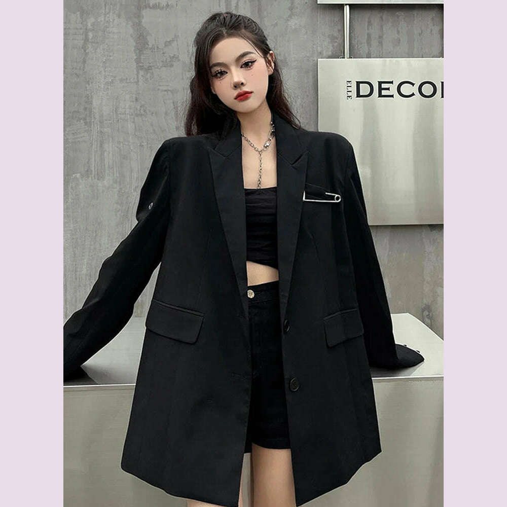 SONNEESD Streetwear Harajuku Style Fashion Neutral Coat Vintage Personality Pin Design Loose Black Stereo Cutting Suit Coat - KIMLUD