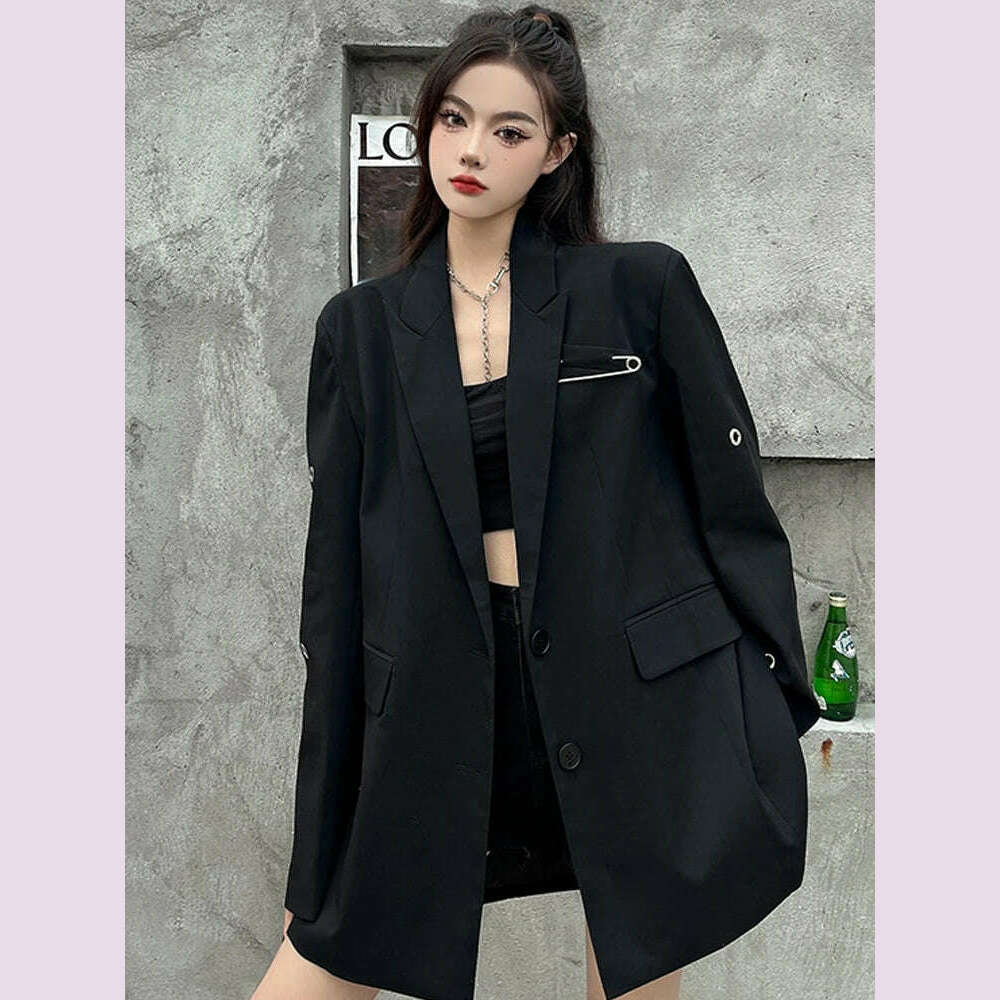 KIMLUD, SONNEESD Streetwear Harajuku Style Fashion Neutral Coat Vintage Personality Pin Design Loose Black Stereo Cutting Suit Coat, KIMLUD Womens Clothes