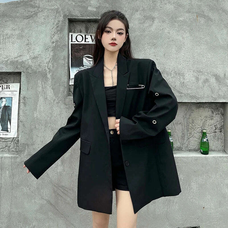 KIMLUD, SONNEESD Streetwear Harajuku Style Fashion Neutral Coat Vintage Personality Pin Design Loose Black Stereo Cutting Suit Coat, black / L / CHINA, KIMLUD APPAREL - Womens Clothes