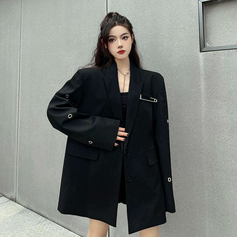 KIMLUD, SONNEESD Streetwear Harajuku Style Fashion Neutral Coat Vintage Personality Pin Design Loose Black Stereo Cutting Suit Coat, KIMLUD Womens Clothes