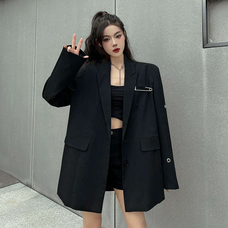 KIMLUD, SONNEESD Streetwear Harajuku Style Fashion Neutral Coat Vintage Personality Pin Design Loose Black Stereo Cutting Suit Coat, KIMLUD Womens Clothes