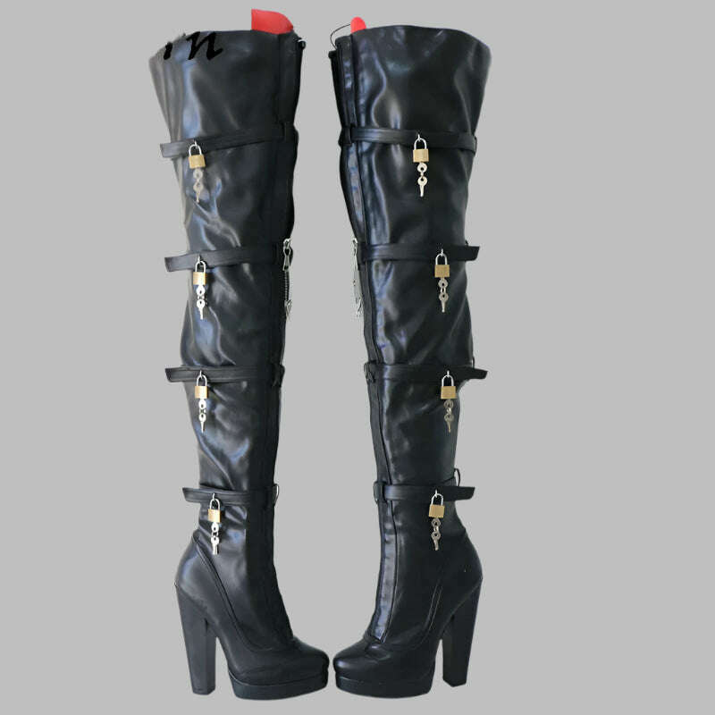 Sorbern 8 Locks Block Heel Boots Women Unisex Style Crotch Thigh High Boot Drag Queen Shoes Fetish Custom Multi Colors - KIMLUD