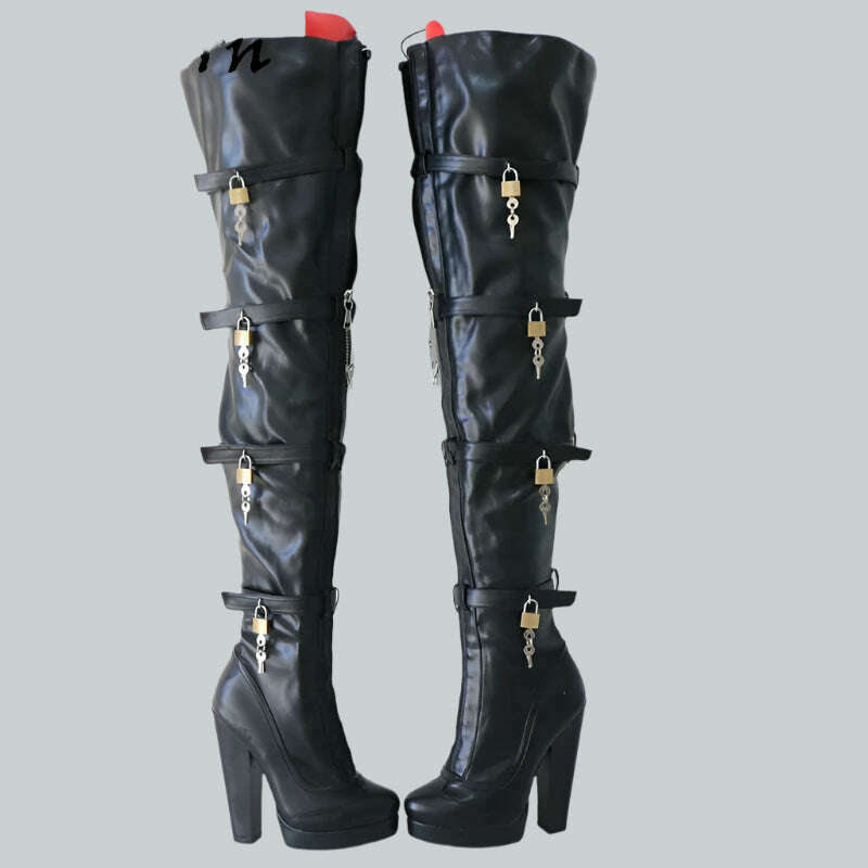 Sorbern 8 Locks Block Heel Boots Women Unisex Style Crotch Thigh High Boot Drag Queen Shoes Fetish Custom Multi Colors - KIMLUD