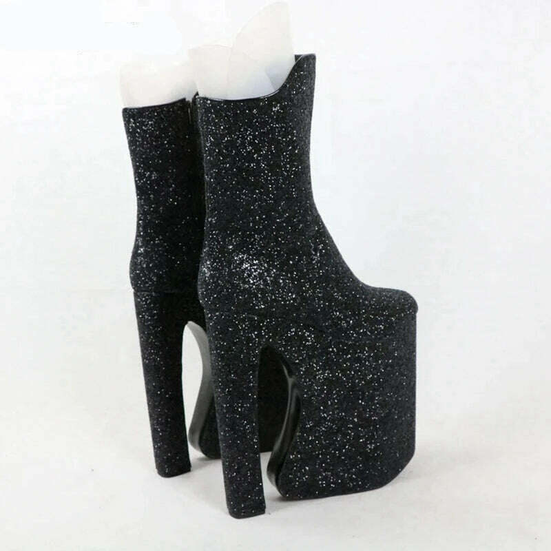 KIMLUD, Sorbern Black Glitter Block Heel Boots Mid Calf Long Front Dragqueen Style Boot Custotm 15Cm To 30Cm High Heel Plus Size Shoes, KIMLUD Womens Clothes