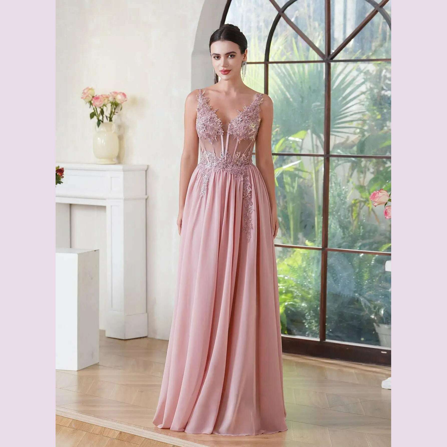 KIMLUD, Spaghetti Straps Navy Blue A Line Evening Dresses 2024 Elegant Beaded Appliques Illusion Prom Gowns Formal Party Vestido De Gala, Dusty Pink / 2, KIMLUD APPAREL - Womens Clothes