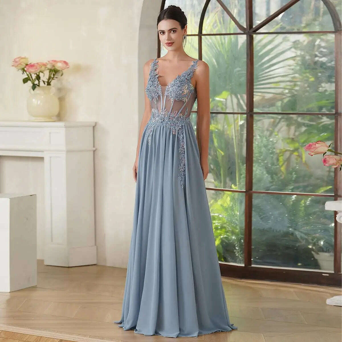 KIMLUD, Spaghetti Straps Navy Blue A Line Evening Dresses 2024 Elegant Beaded Appliques Illusion Prom Gowns Formal Party Vestido De Gala, Dusty Blue / 14, KIMLUD APPAREL - Womens Clothes