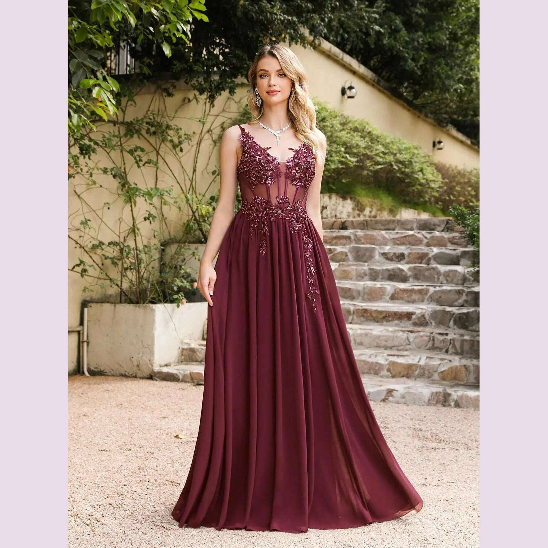 KIMLUD, Spaghetti Straps Navy Blue A Line Evening Dresses 2024 Elegant Beaded Appliques Illusion Prom Gowns Formal Party Vestido De Gala, Burgundy / 14, KIMLUD APPAREL - Womens Clothes