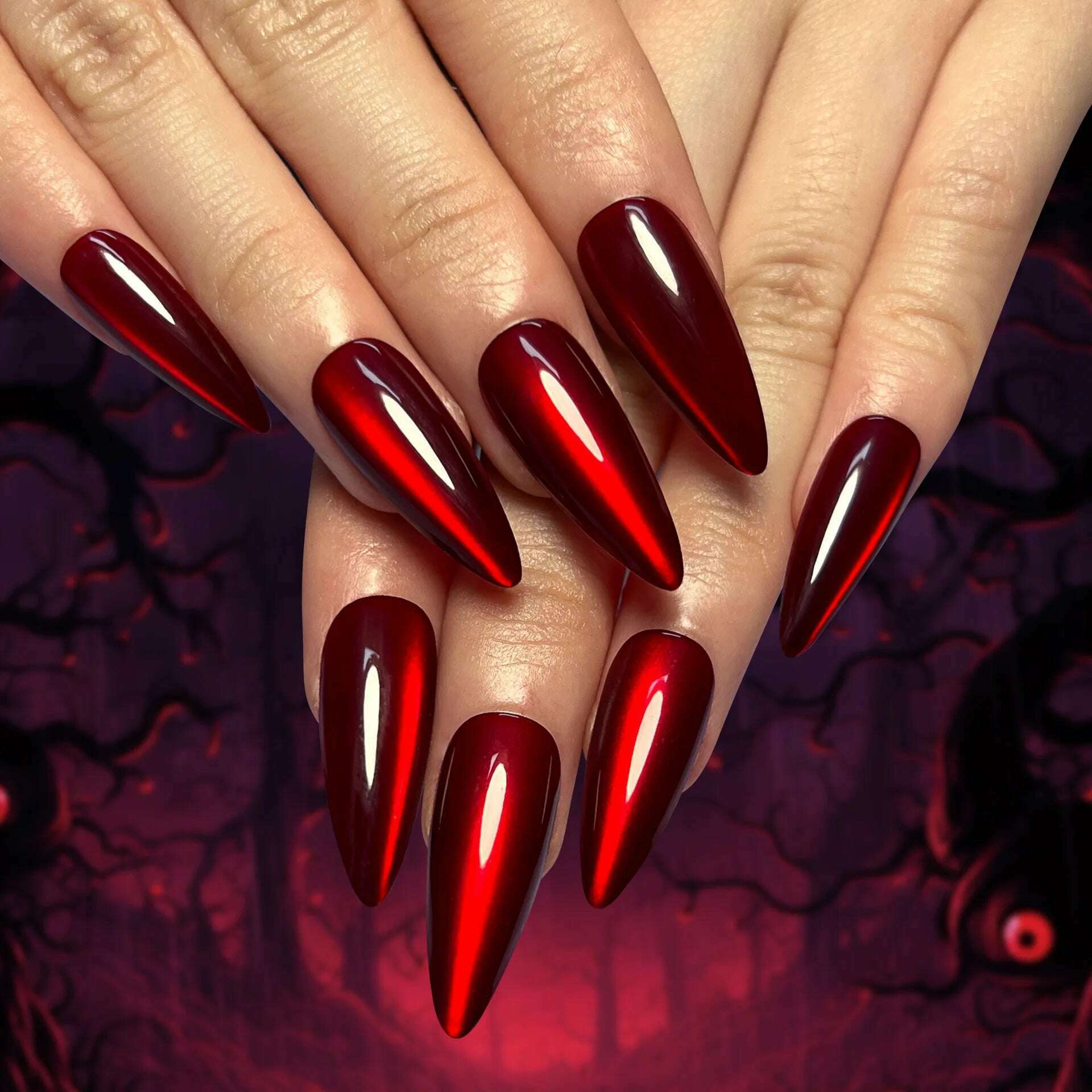 Sparkling Red Cat Eye Solid Color Fake Nail Halloween Fashion Detachable Finished False Nails Press on Nails with Glue Wholesale - KIMLUD