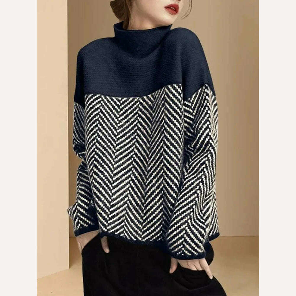 KIMLUD, Spliced Half High Collar Loose Pullovers Soft Warm Sweater Womens Autumn Thick Pulls Casual Striped Knitted Tops Vintage Jumpers, dark blue / S 35-40kg, KIMLUD APPAREL - Womens Clothes