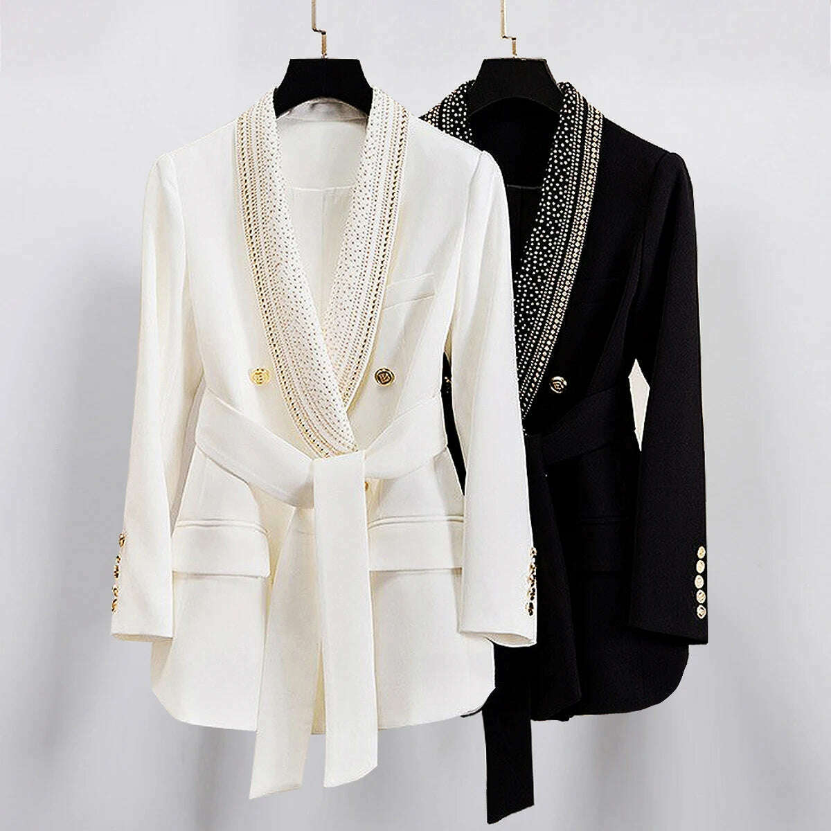 Spot Fall/Winter 2024 Fashion New Foil Foil Sheet Belt Shawl Collar Midi Women's Blazer Black & White - KIMLUD