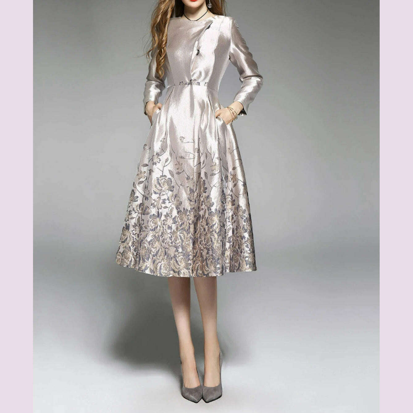 KIMLUD, Spring and Autumn New Light Luxury Jacquard Embroidered Retro Windbreaker Mid Length Small Fragrant Wind Dress for Women, KIMLUD Womens Clothes