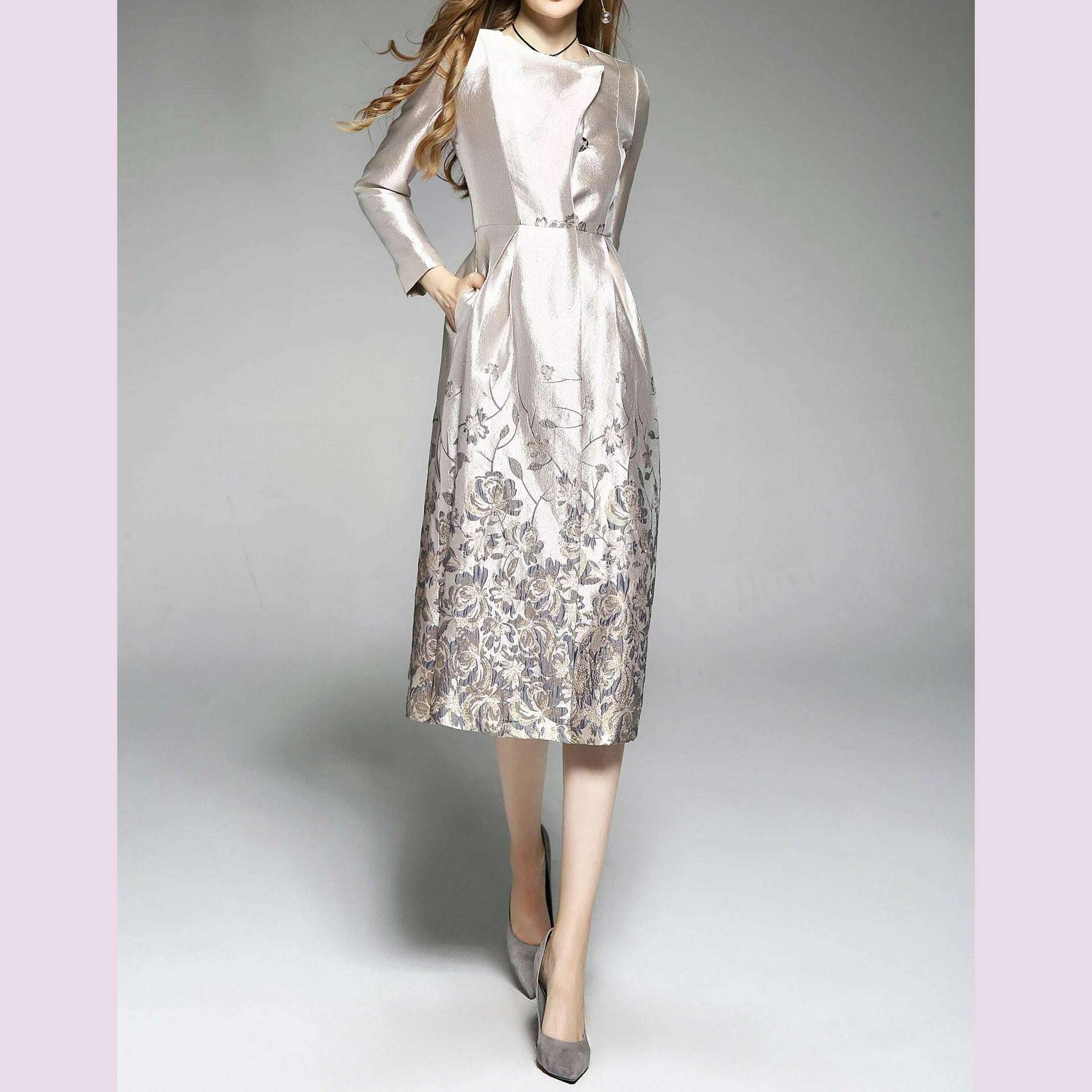 KIMLUD, Spring and Autumn New Light Luxury Jacquard Embroidered Retro Windbreaker Mid Length Small Fragrant Wind Dress for Women, KIMLUD Womens Clothes