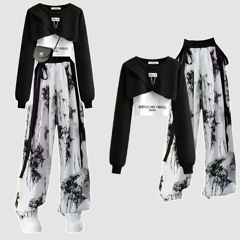 Spring and Autumn Set Women's Korean Design Long Sleeved Top+Tank Top+Ink Wide Legged Pants Three Piece Set Trendy - KIMLUD