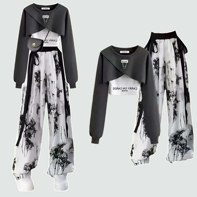 Spring and Autumn Set Women's Korean Design Long Sleeved Top+Tank Top+Ink Wide Legged Pants Three Piece Set Trendy - KIMLUD