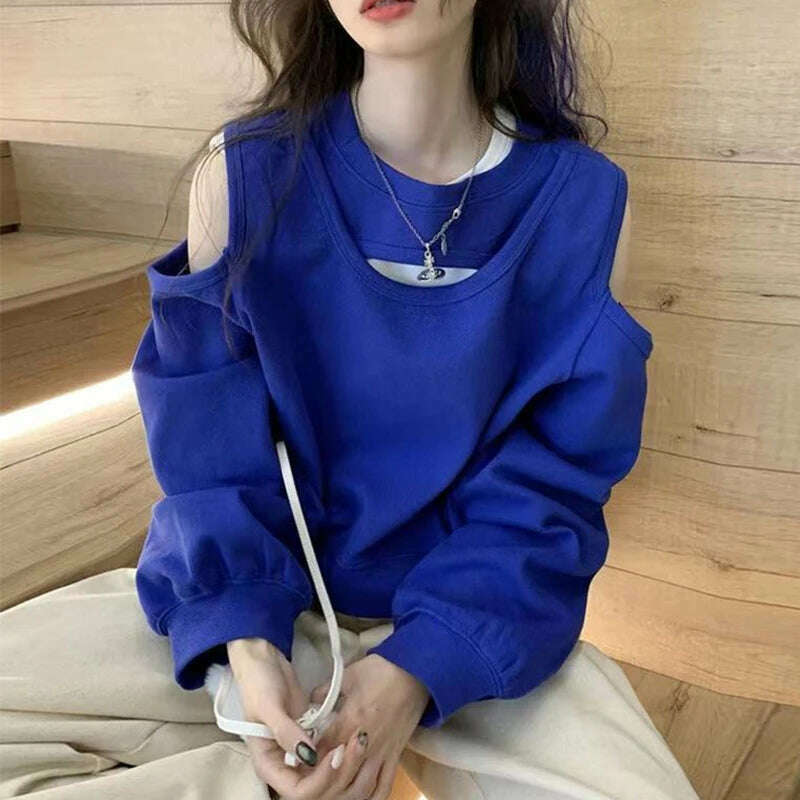 Spring Autumn Casual Fashion Hollow Out Sweatshirt Ladies Loose All-match Off the Shoulder Top Women Korean Style Solid Pullover - KIMLUD