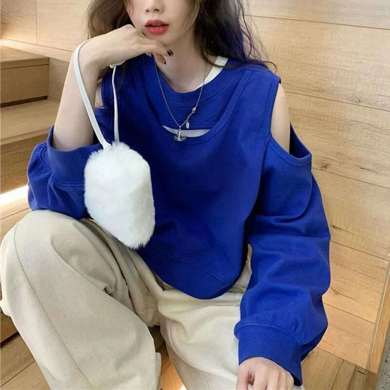 KIMLUD, Spring Autumn Casual Fashion Hollow Out Sweatshirt Ladies Loose All-match Off the Shoulder Top Women Korean Style Solid Pullover, KIMLUD Womens Clothes