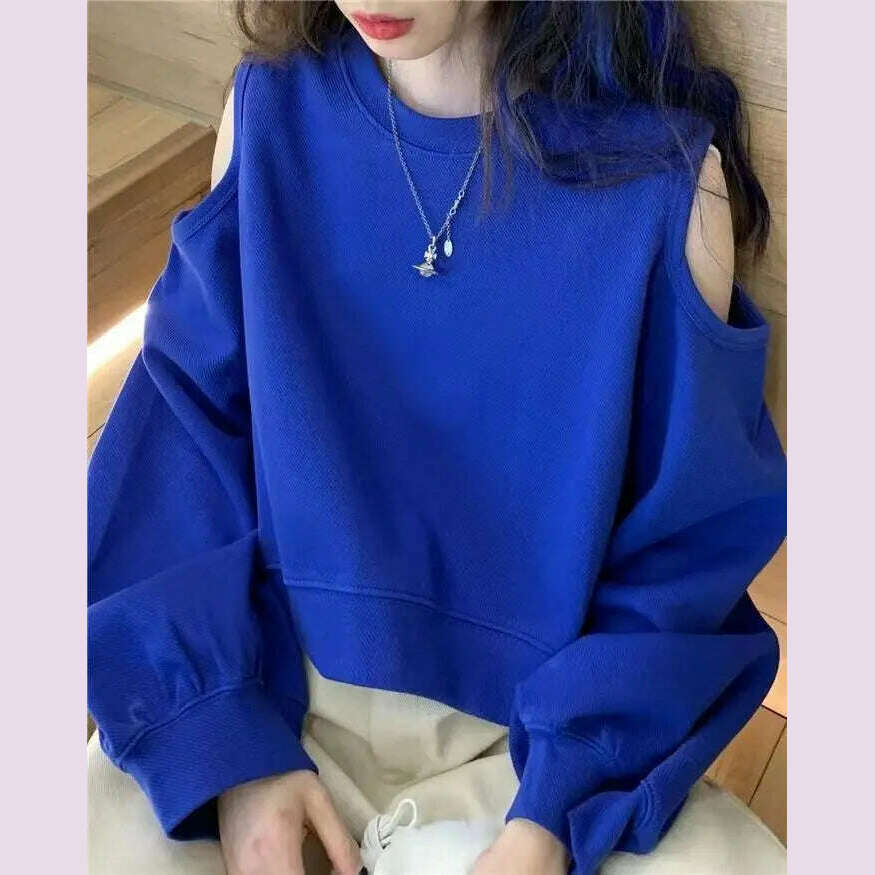 KIMLUD, Spring Autumn Casual Fashion Hollow Out Sweatshirt Ladies Loose All-match Off the Shoulder Top Women Korean Style Solid Pullover, KIMLUD Womens Clothes