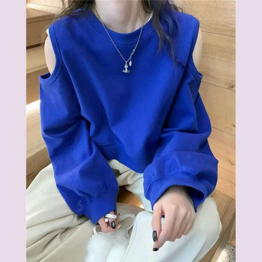 KIMLUD, Spring Autumn Casual Fashion Hollow Out Sweatshirt Ladies Loose All-match Off the Shoulder Top Women Korean Style Solid Pullover, KIMLUD Womens Clothes