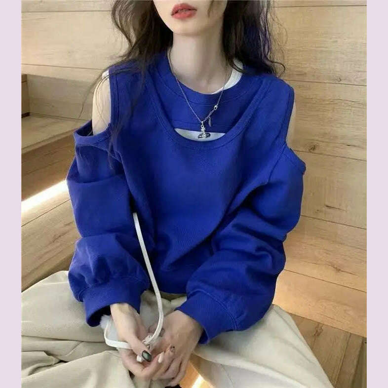 KIMLUD, Spring Autumn Casual Fashion Hollow Out Sweatshirt Ladies Loose All-match Off the Shoulder Top Women Korean Style Solid Pullover, KIMLUD Womens Clothes