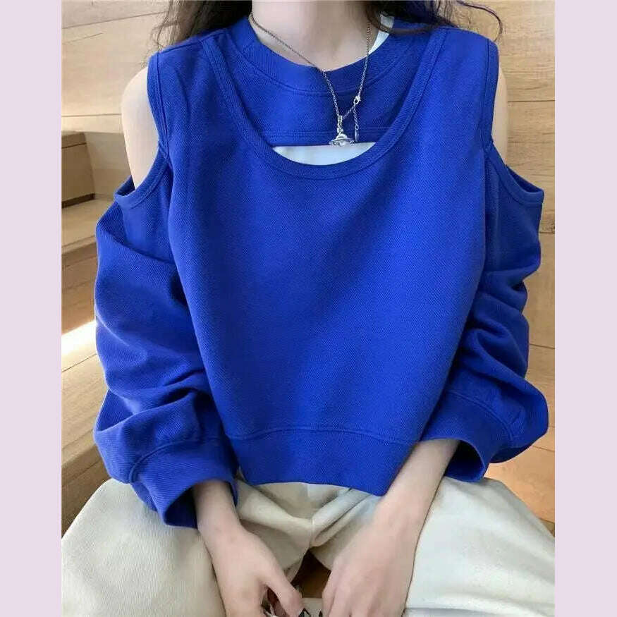 KIMLUD, Spring Autumn Casual Fashion Hollow Out Sweatshirt Ladies Loose All-match Off the Shoulder Top Women Korean Style Solid Pullover, KIMLUD Womens Clothes